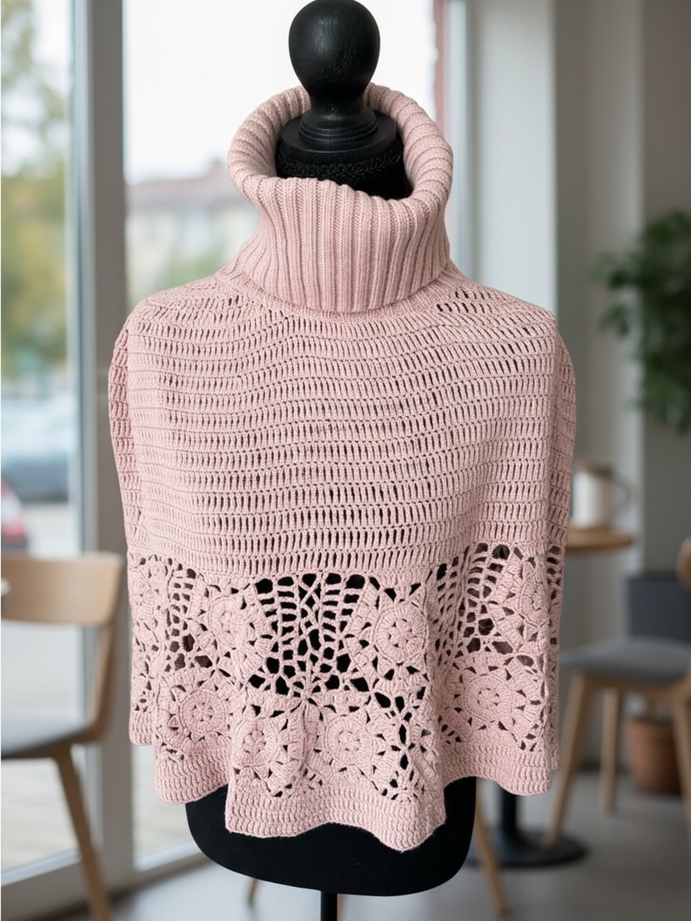 BCBGirls Pink Crochet Turtleneck Poncho